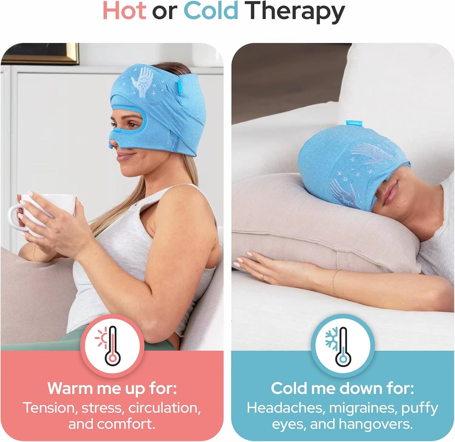 Migraine Relief Cap Built in Slide up Eye Mask Headache Relief 360° Compression Hat with Cooling Gel for Tension and Stress