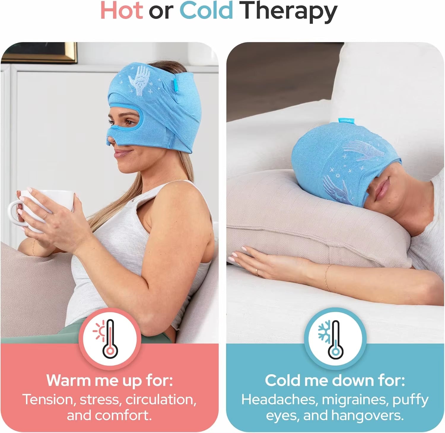 Migraine Relief Cap Built in Slide up Eye Mask Headache Relief 360° Compression Hat with Cooling Gel for Tension and Stress