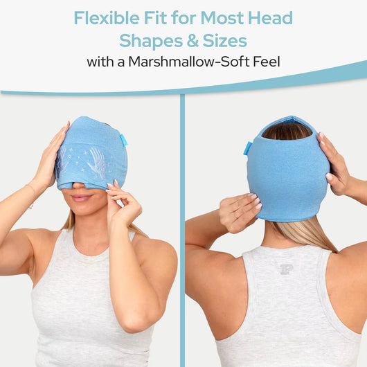 Migraine Relief Cap Built in Slide up Eye Mask Headache Relief 360° Compression Hat with Cooling Gel for Tension and Stress
