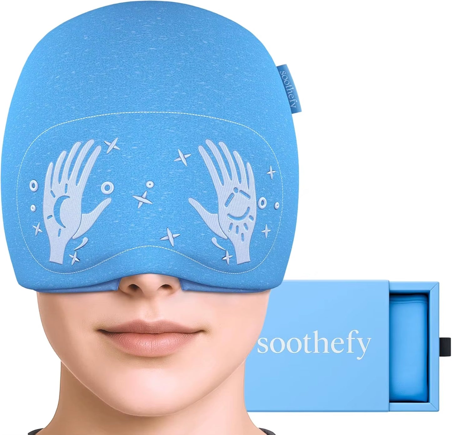Migraine Relief Cap Built in Slide up Eye Mask Headache Relief 360° Compression Hat with Cooling Gel for Tension and Stress