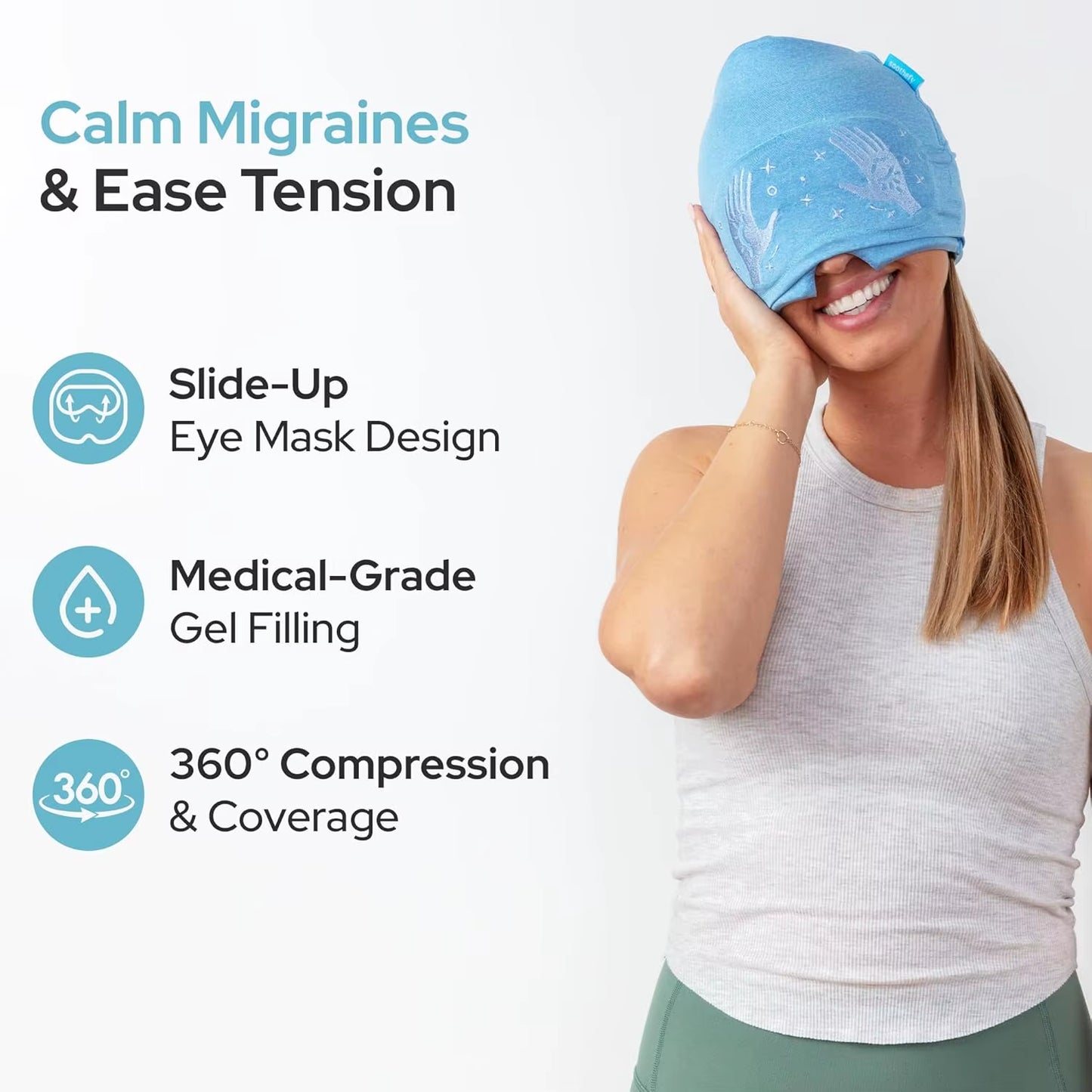 Migraine Relief Cap Built in Slide up Eye Mask Headache Relief 360° Compression Hat with Cooling Gel for Tension and Stress