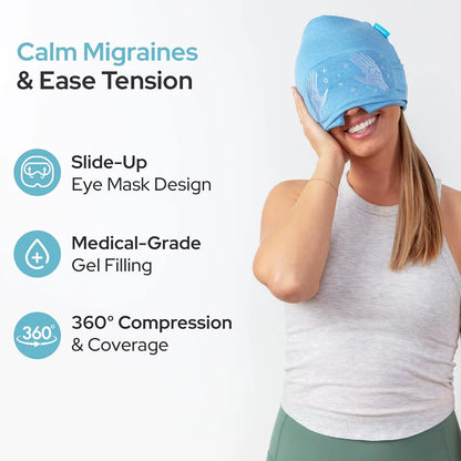Migraine Relief Cap Built in Slide up Eye Mask Headache Relief 360° Compression Hat with Cooling Gel for Tension and Stress